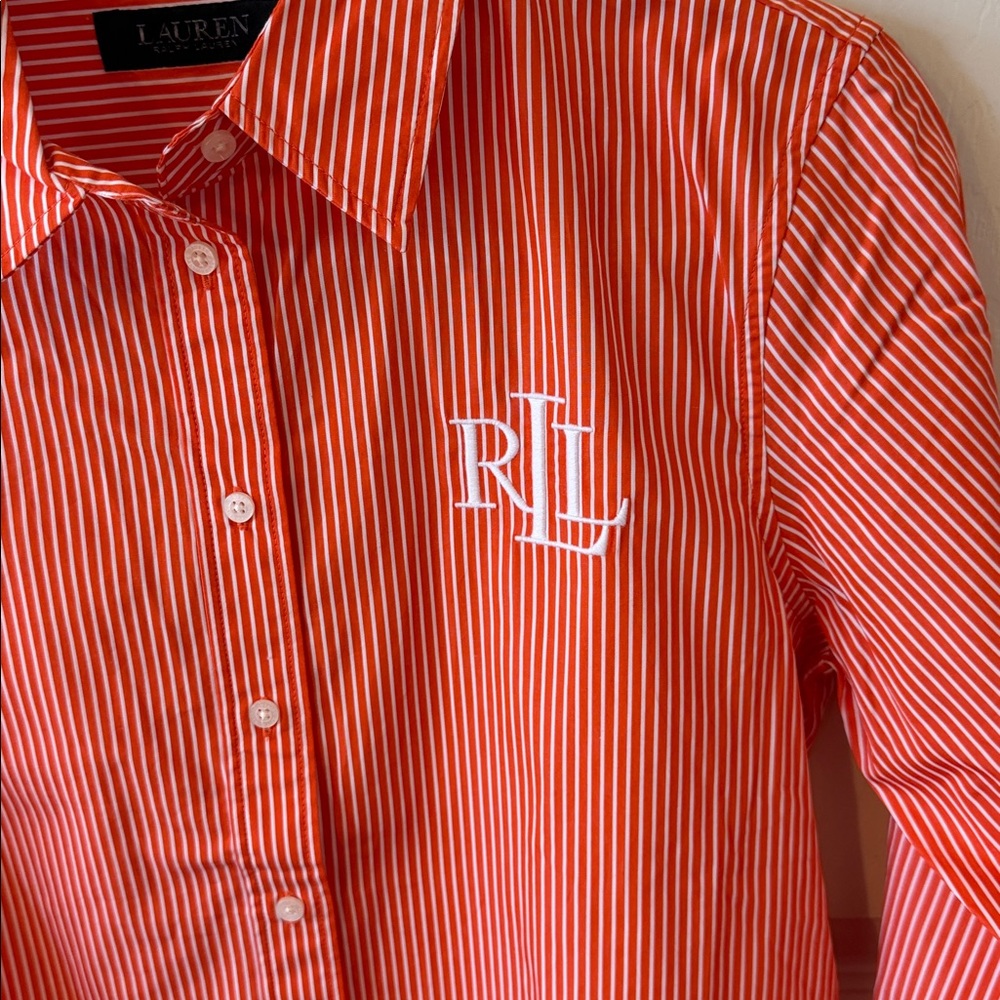 Lauren Ralph Lauren Orange and White Striped Button-Up Shirt Sz M.  Box21 - Picture 3 of 5